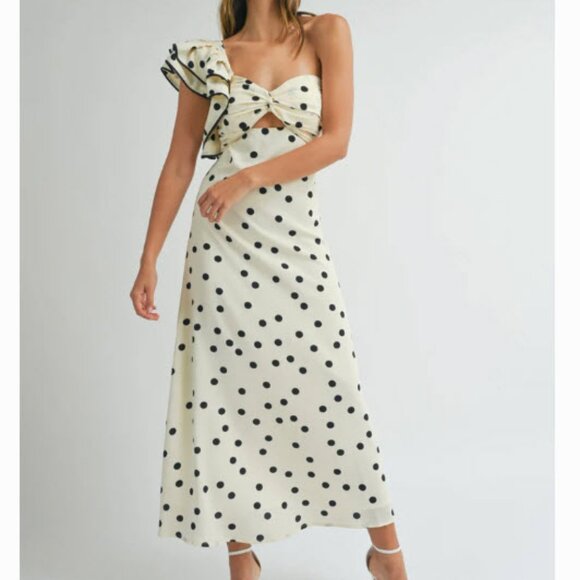 NWT Womens Benaar Natalie Ivory Black Polka Dot One Shoulder Paris Midi Dress S - Picture 1 of 15